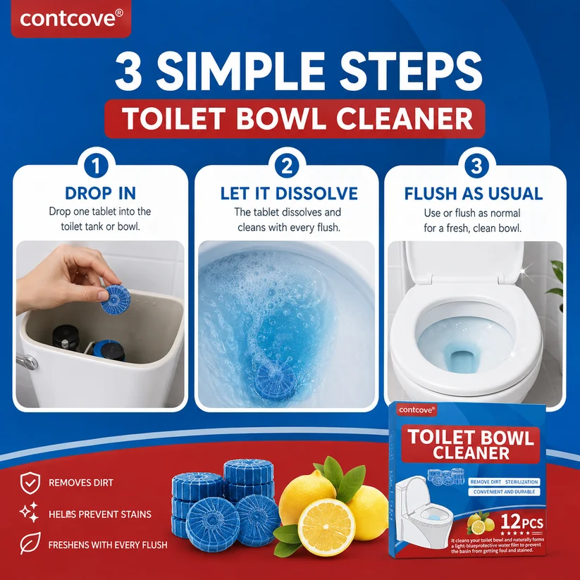 Contcove toilet cleaning tablets designed to dissolve in water
