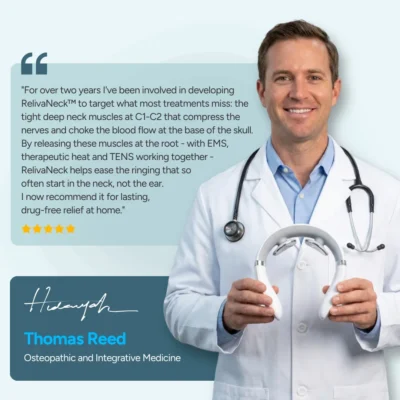 RelivaNeck™ EMS and TENS device designed for the C1-C2 neck area