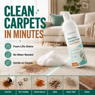 RZXEA carpet cleaner bottle measuring 3.5 × 3.5 × 13 cm
